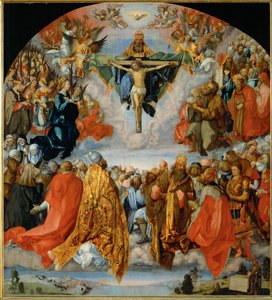 Kolminaisuuden palvonta ja Duererin omakuva oikeassa alareunassa (öljy poppelipuulle). tekijältä Albrecht Dürer or Duerer