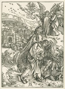 Enkeli, jolla on avain ja joka heittää lohikäärmeen kuiluun, ja toinen enkeli, joka näyttää Johannekselle Uuden Jerusalemin, noin 1497-98 (puupiirros). tekijältä Albrecht Dürer or Duerer