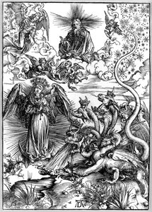 Apokalyptinen nainen tai Auringon ja seitsemänpäisen lohikäärmeen pukeutunut nainen, Apokalypsista tai Pyhän Johanneksen ilmestymisestä tekijältä Albrecht Dürer