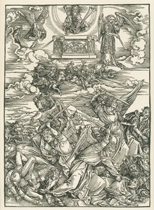Enkelten taistelu. Johanneksen ilmestys, noin 1496-98 (puupiirros). tekijältä Albrecht Dürer or Duerer
