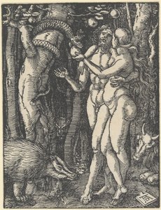 The Fall of Man, teoksesta "Pieni intohimo", n. 1510 (puupiirros) tekijältä Albrecht Dürer