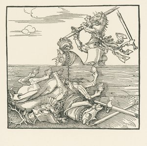 Ulkomaan turnaus. Maximilian on nostanut vastustajansa Jacop de Herin satulasta, noin 1517-18 (puupiirros). tekijältä Albrecht Dürer or Duerer