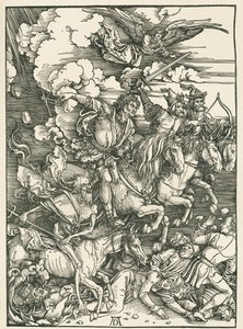 Maailmanlopun neljä ratsumiestä. Johanneksen ilmestys, noin 1497-98 (puupiirros). tekijältä Albrecht Dürer or Duerer