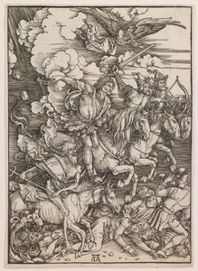 Maailmanlopun neljä ratsumiestä, teoksesta "Maailmanloppu", noin 1497-98 (puupiirros). tekijältä Albrecht Dürer or Duerer