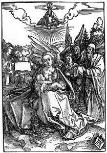Pyhä perhe viiden enkelin kanssa, n. 1504 (puupiirros) tekijältä Albrecht Dürer