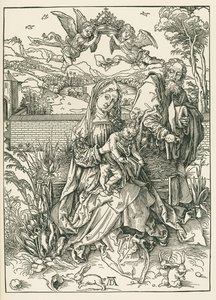 Pyhä perhe ja kolme jänistä, noin 1497 (puupiirros). tekijältä Albrecht Dürer or Duerer