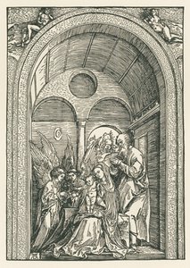Pyhä perhe ja kaksi enkeliä pylväskäytävässä, noin 1503-04 (puupiirros). tekijältä Albrecht Dürer or Duerer