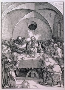 Viimeinen ehtoollinen "Suuri intohimo" -sarjasta, pubi. 1511 (puupiirros) tekijältä Albrecht Dürer