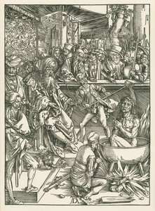 Johannes evankelistan marttyyrikuolema, noin 1496-97 (puupiirros). tekijältä Albrecht Dürer or Duerer