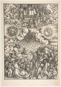 Viidennen ja kuudennen sinetin avaaminen Apokalypsista tekijältä Albrecht Dürer