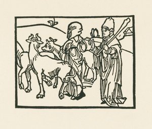Pappi puvussaan ajaa karjaa ulos ja hänen edellään kulkee piika, n.1489-90 (puupiirros). tekijältä Albrecht Dürer or Duerer
