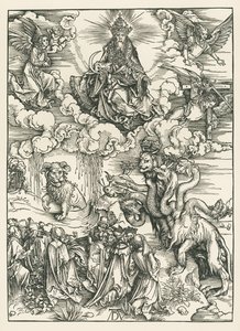 Merihirviö ja peto, jolla on karitsan sarvet. Johanneksen ilmestys, noin 1496-97 (puupiirros). tekijältä Albrecht Dürer or Duerer
