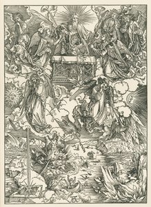 Seitsemän pasuunaa annetaan enkeleille. Johanneksen ilmestys, noin 1496-97 (puupiirros). tekijältä Albrecht Dürer or Duerer
