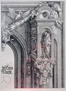 Keisari Maximilian I:n (1459-1519) riemukaari: yksityiskohta keskuskaaresta (kunnian ja voiman portti), jossa näkyy lehvistö ja animoitu pylväspääkaupunki, joka tukee arkkitehtonisessa markkinarakossa seisovaa ritaria, hahmoa, joka pitää kiinni riippuvan c tekijältä Albrecht Dürer