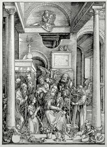 Neitsyt ja lapsi pyhien kanssa (puupiirros) tekijältä Albrecht Dürer
