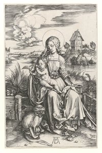 Neitsyt apinan kanssa, n.1498 (Burin-kaiverrus) tekijältä Albrecht Dürer