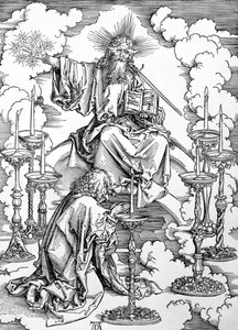 Seitsemän kynttilänjalan näky "Apokalypsi" tai "Pyhän Johannes Jumalansynnyttäjän ilmestykset", pub. 1498 (puupiirros) tekijältä Albrecht Dürer