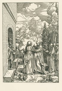 Vierailu - Pyhä Maria vierailee pyhän Elisabethin luona, noin 1503-04 (puupiirros). tekijältä Albrecht Dürer or Duerer