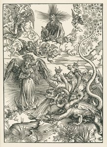 Aurinkoon puettu nainen ja seitsenpäinen lohikäärme. Johanneksen ilmestys, noin 1497 (puupiirros). tekijältä Albrecht Dürer or Duerer