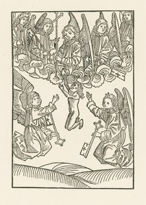 Seitsemän enkeliä, joilla on risti ja kuusi avainta, joilla he avasivat taivaan kuudelle laupeuden teolle, ottavat sielun vastaan taivaaseen. tekijältä Albrecht Dürer or Duerer