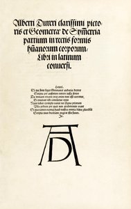 Nimisivulla Durerin puupiirrosmonogrammi teoksesta "Hierinn sind vier bücher von Menschen Proportion" tekijältä Albrecht Dürer