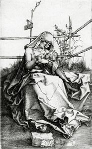Neitsyt ja lapsi istuvat ruohopenkillä tekijältä Albrecht Dürer