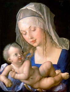 Neitsyt ja lapsi pitelevät puoliksi syötyä päärynää tekijältä Albrecht Dürer