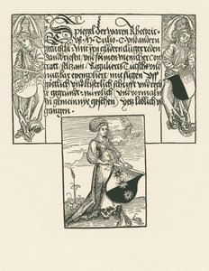 Nuori nainen pitelee vaakunaa tekijältä Albrecht Dürer or Duerer