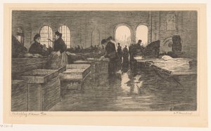 Vismarktin sisätilat Nieuwmarktissa Amsterdamissa Amsterdamin kalahuutokauppa (alkuperäinen nimi esineessä) tekijältä Albrecht Felix Reicher (signed by artist)