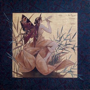 Sävellys, jossa siivekäs nymfi ruokojen välissä - Alexandre de Riquer i Yngladan (1856-1920) maalaus