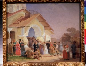 Tulossa kirkosta Pihkovassa (Venäjä). Aleksanteri Ivanovitš Morozovin (1835-1904) maalaus öljy kankaalle