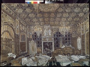 William Shakespearen (1564-1616) kappaleen ""Othello"" sisustussuunnittelu (William Shakespearen Othello-näytelmän lavastaminen) - Alexander Yakovlevich Golovinin kuva (Alexandre Golovine) (1863-1930), tempera sur bois tekijältä Aleksandr Jakovlevic Golovin