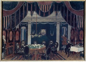 Mihail Lermontovin (1814-1841) teatterin "La mascarade" -sisustus (Mihail Lermontovin teatterinäytelmän The Masquerade lavastaminen) - Alexander Yakovlevich Golovinin kuva (Alexandre Golovine) (1863-1930), tempera sur tekijältä Aleksandr Jakovlevic Golovin