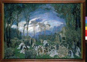 Christoph Willibald Gluckin (1714-1787) Orpheo et Eurydice -oopperan valmisteleva sisustus (Ch. Gluckin Orpheo ja Euridice -oopperan lavastus). Alexander Yakovlevich Golovinin (Alexandre Golovine) (1863-1930) työ, guassi ja pastelli kankaalle tekijältä Aleksandr Jakovlevic Golovin