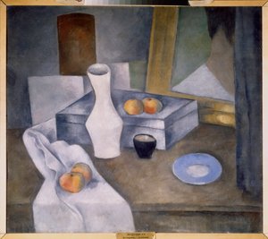 Asetelma omenoilla ja sinisellä lautasella (Asetelma omenoilla ja sinisellä lautasella) - Aleksanteri Vasiljevitš Shevchenkon (Aleksandre Tševtšenko) työ (1883-1948), öljy pahville, noin 1910 - venäläinen taide, 1900-luku, avantgarde - Venäjän valtio Museo