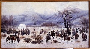 Venäjän-Turkin (Venäjä-Turkin) sota (1877-1878): Neljäs Shipkan solan taistelu Bulgariassa 5.-9. tammikuuta 1878 (Shipkan solan neljäs taistelu). Aleksei Danilovich Kivshenko (1851-1895) maalaus