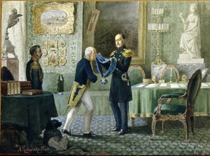 Venäjän keisari Nikolai I (1796-1855) lahjoittaa Pyhän Andrean ritarikunnan Sinisen nauhan kreivi Mihail Speranskille (1772-1839). (Keisari Nikolai I palkitsee Pyhän Andreaksen ritarikunnan sinisen nauhan kreivi Michail Speranskylle). Aleksei Danilovichin 