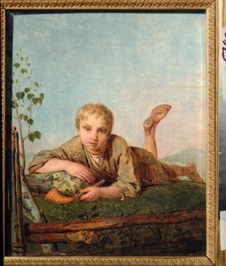 Paimenpoika piipulla - Aleksei Gavrilovich Venetsianovin (1780-1847) maalaus, öljy kankaalle, noin 1820, venäläistä taidetta tekijältä Aleksei Gavrilovich Venetsianov