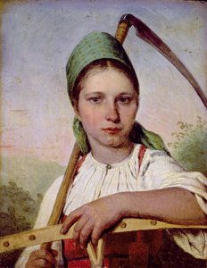 Talonpoikanainen viikate ja harava kanssa, n. 1825 (öljy paneelille)