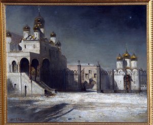 Katedraaliaukio Moskovan Kremlissä yöllä. (Moskovan Kremlin katedraaliaukio yöllä). Aleksei Kondratjevitš Savrasov (Savrasov) (1830-1897) maalaus, öljy kankaalle tekijältä Alexei Kondratjewitsch Sawrassow