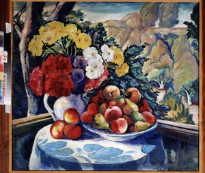 Asetelma verannalla. (Asetelma verannalla). Aleksei Iljitš Kravtšenkon (1889-1940) maalaus, öljy kankaalle 1916. Venäläinen taide, 1900-luvun alku. Alueellinen taidemuseo, Simbirsk (tai Ulianovsk) (Venäjä).