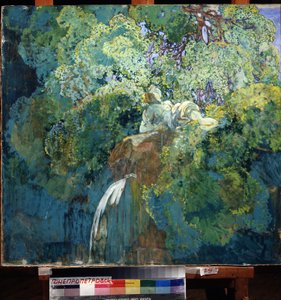 Järvellä (Lammella). Vehreyteen hukkunut patsas ylittää vesiputouksen. Aleksei Ilyich Kravchenkon (1889-1940) maalaus öljy kankaalle