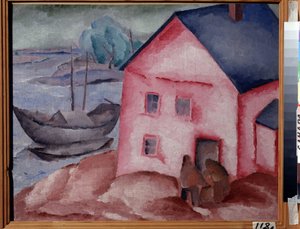 Vaaleanpunainen talo lähellä jokea (A Pink House at the River). Parin, veneen ja ankkuroituneen veneen kanssa. Aleksei Ilyich Kravchenkon (1889-1940) maalaus öljy kankaalle
