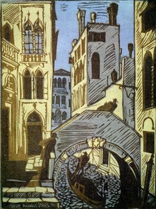 Venetsia, Italia (Venetsia). Kanava, gondoli, silta ja kaupungin julkisivut. Aleksei Iljitš Kravtšenkon (1889-1940) teos, puupiirros. Venäläinen taide, 1800-1900-luvun maisema. Valtion Tretjakovin galleria, Moskova. (Venäjä).