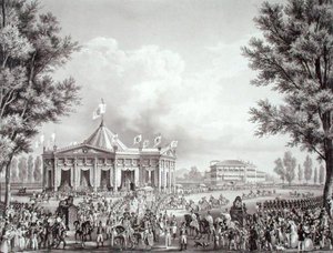 Kulkue ohittamassa Ferdinand I:n kruunajaistilaisuutta varten rakennetun paviljongin (1793-1875) tekijältä Alessandro (after) Sanquirico