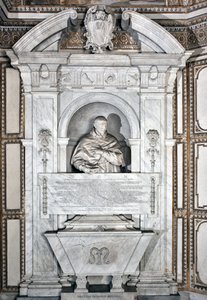 Hautausmuistomerkki kardinaali Giovanni Garcia Mellinin kunniaksi, muotokuva rintakuvassa Alessandro Algardin (1598-1654) marmoriveistos 1630 Rooman Santa Maria del Popolon basilikan ympärillä, Cappella Mellini