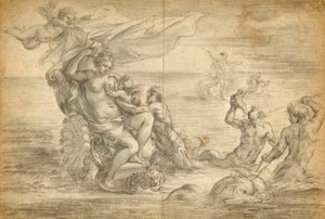 Venus istuu merivaunuissaan imemässä Amoriinsa tekijältä Alessandro Algardi