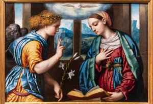 Annunciation, n. 1535-40 (öljy paneelille) tekijältä Alessandro Bonvicino Moretto