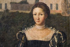 Aatelisen naisen muotokuva, yksityiskohta aatelisnaisten pienestä huoneesta (seinille liimattu öljy kankaalle) tekijältä Alessandro Bonvicino Moretto
