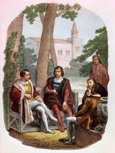 Fabrizio Colonna ja Cosimo Rucellai keskustelevat sodan taiteesta - Alessandro Focosin (1836 - 1869) kuvituksessa "" Complete Works by Niccolo Machiavelli". "The Art of War", kirjoittanut Niccolo di Bernardo dei Machiavelli (Nicolas Machiavel
